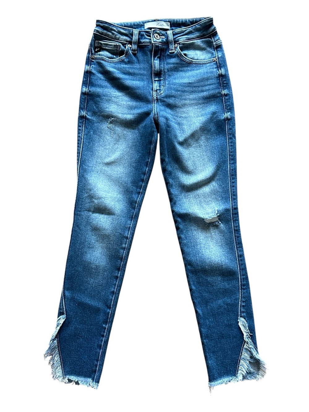 KanCan Medium Blue Distressed Ankle Jeans with Frayed Split Hem